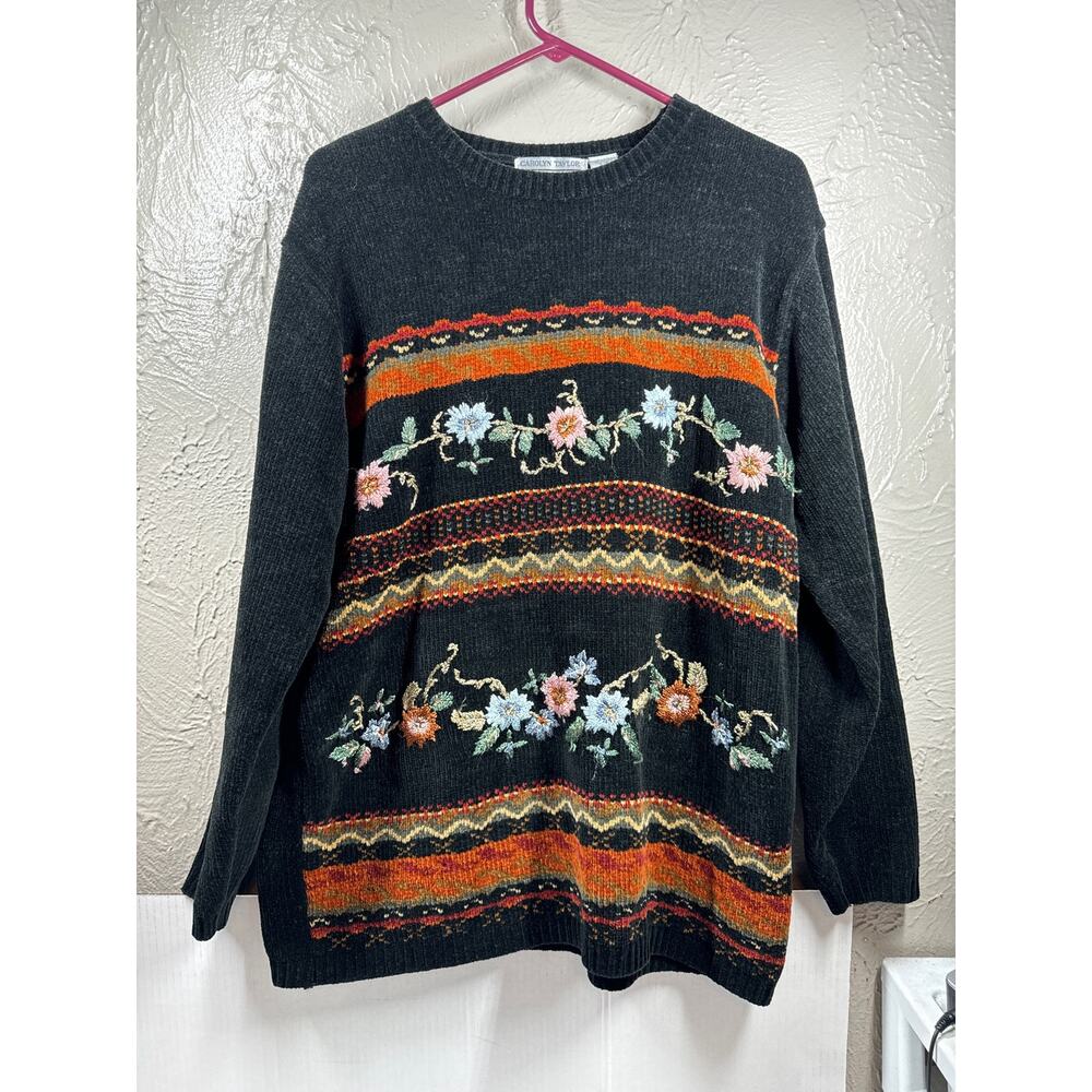 Vintage Carolyn Taylor Sweater Floral Embroidery Cottagecore Knit‎ Size Large